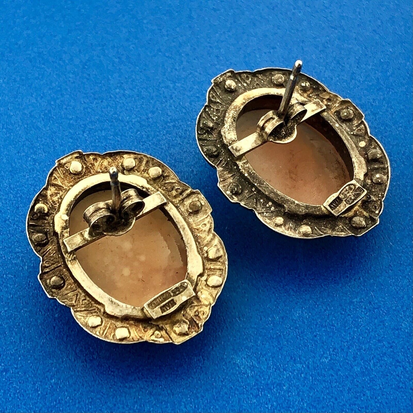 Victorian 925 Sterling Silver Carved Cameo Marcasite Statement Stud Earrings