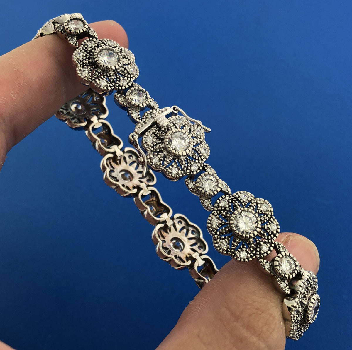 Designer 925 Sterling Silver Cubic Zirconia Floral Flower Panel Tennis Bracelet