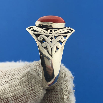 Designer MGC Sterling Silver 925 Oval Red Coral Filigree Scroll Cocktail Ring