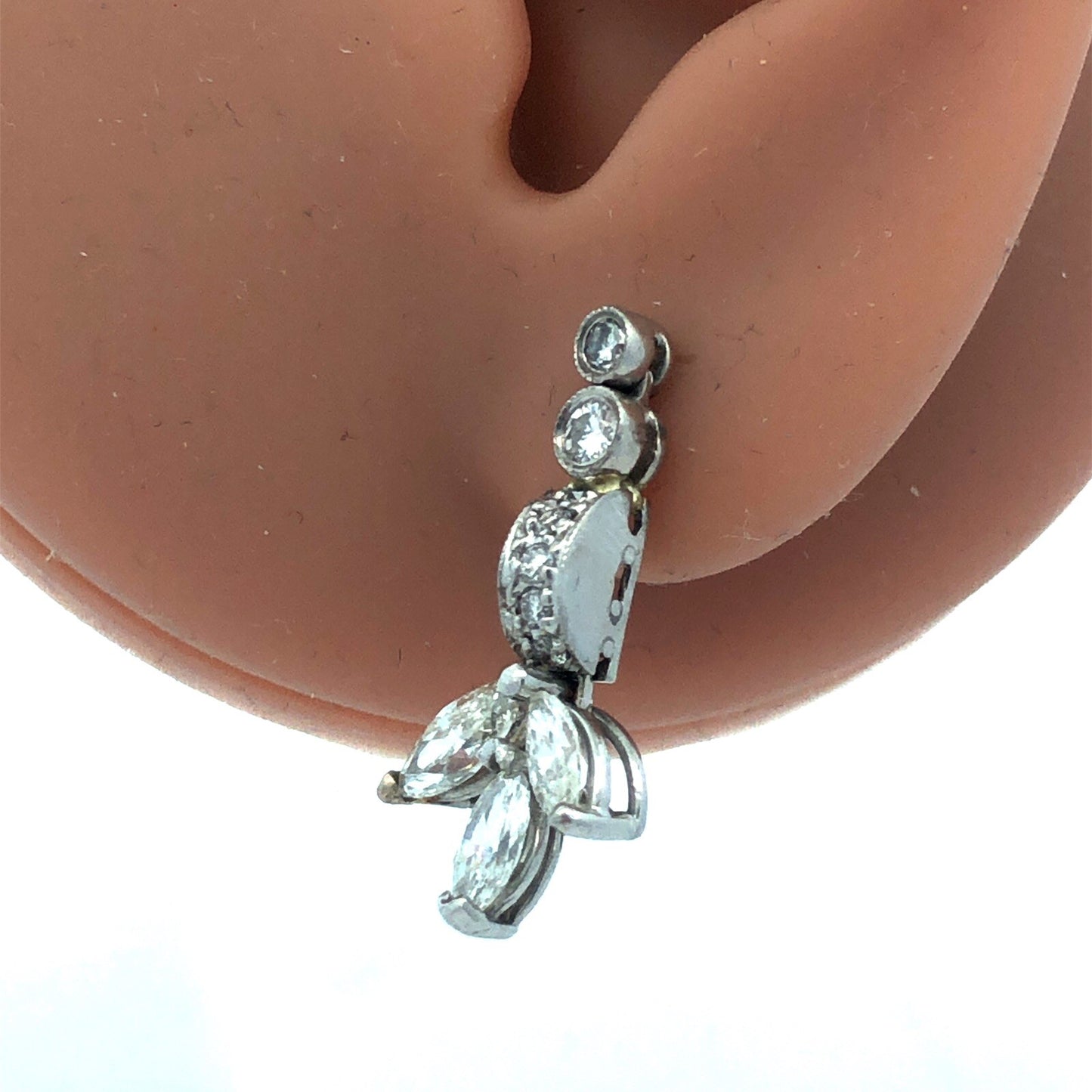 Designer 14K White Gold Diamond Floral Cluster Dangle Pierced Stud Earrings