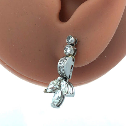 Designer 14K White Gold Diamond Floral Cluster Dangle Pierced Stud Earrings