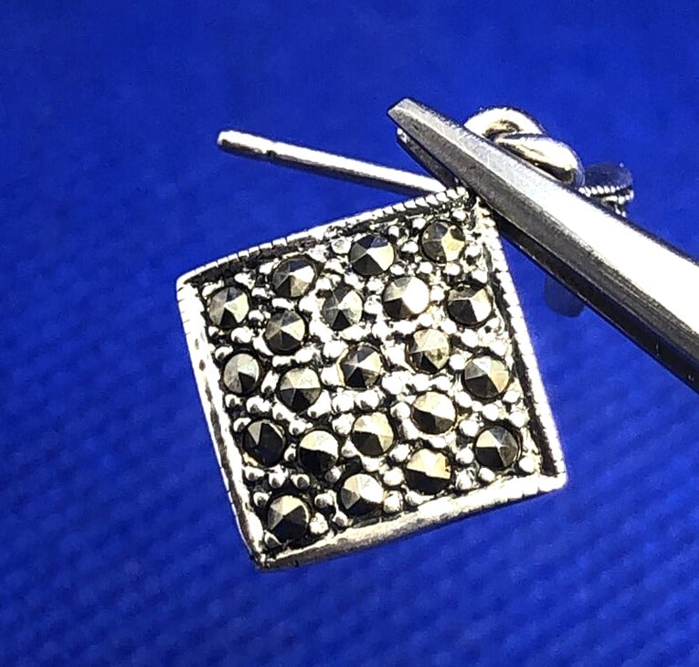Designer Marcasite 925 Sterling Silver Square Drop Dangle Stud Earrings