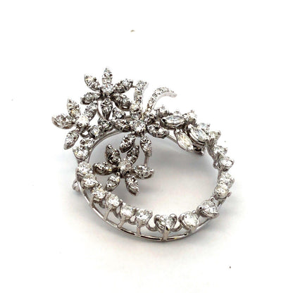 Vintage 14K White Gold Round Marquise Diamond Round Flower Pendant Pin Brooch