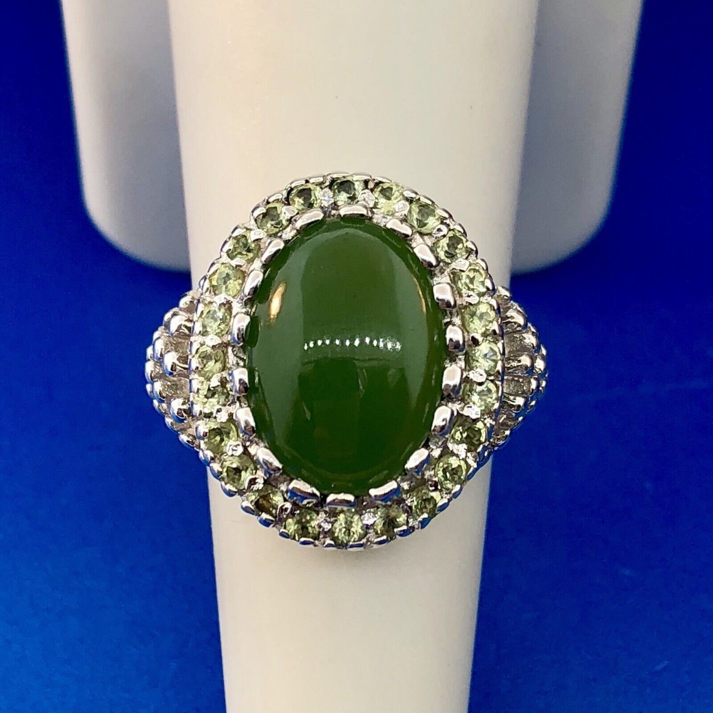 Retro 925 Sterling Silver Jade Jadeite Diamond Empire Statement Cocktail Ring