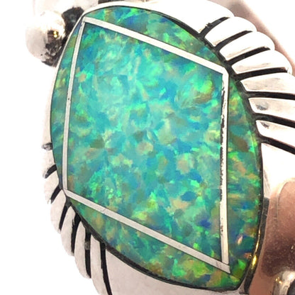 Native American Jerry T Nelson 925 Sterling Silver Blue Opal Oval Cuff Bracelet