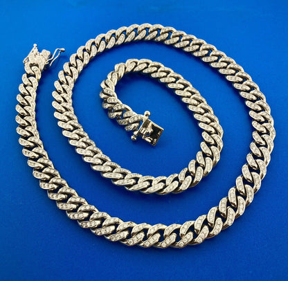 Heavy Solid 14K White Gold Diamond Encrusted Miami Cuban Link Chain Necklace