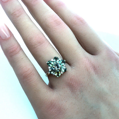 Designer TGGC 10K White Gold Oval Green Topaz Round Diamond Accent Cocktail Ring