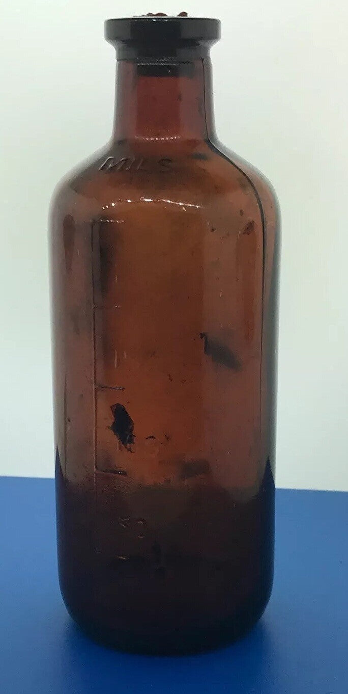 1933 Owens Illinois Glass 250 Mils Apothecary Bottle Amber Brown Alton IL w/Cork