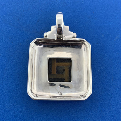 Designer 925 Sterling Silver Black Onyx Tiger Eye Inlay Square Statement Pendant