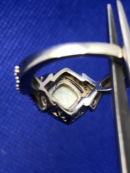 Designer SUN 925 Sterling Silver Opal Diamond Accented Size 6 Statement Ring