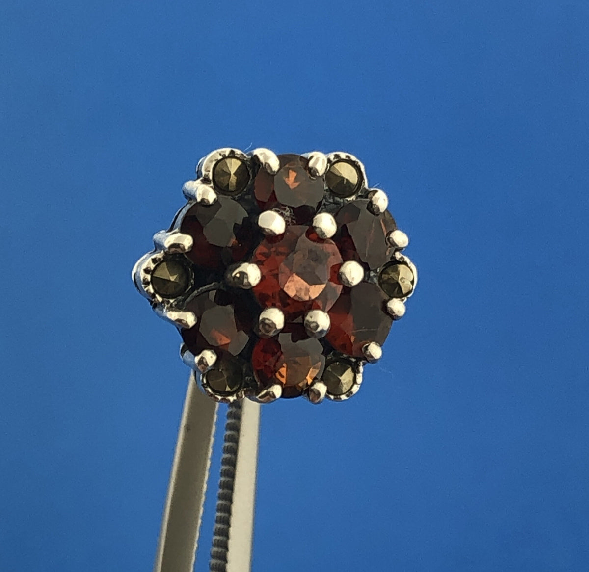 Sterling Silver 925 Garnet Solitaire Halo Flower Floral Cluster Stud Earrings