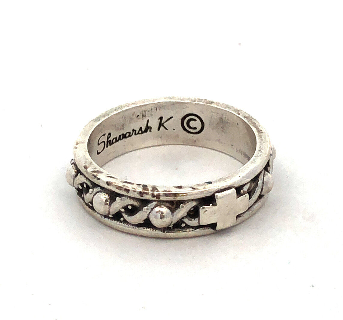 Designer Shavarsh K 925 Sterling Silver Cross Crown Thorns Stackable Band Ring