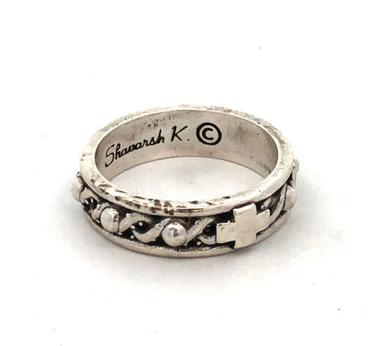 Designer Shavarsh K 925 Sterling Silver Cross Crown Thorns Stackable Band Ring