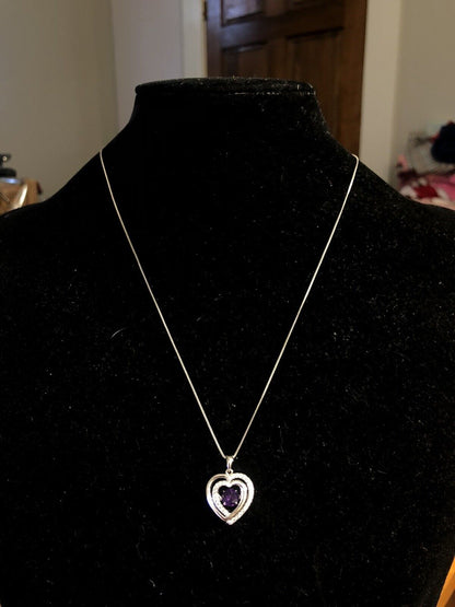 Designer  925 Sterling Silver Round Amethyst White Topaz Heart Pendant Necklace