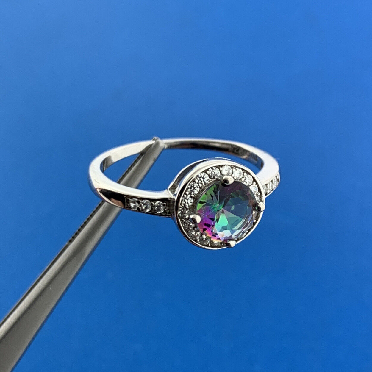 Designer Sterling Silver Mystic Topaz Cubic Zirconia Halo Cocktail Ring