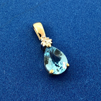 Estate 10k Yellow Gold Diamond Faceted Tear Drop Swiss Blue Topaz Pendant