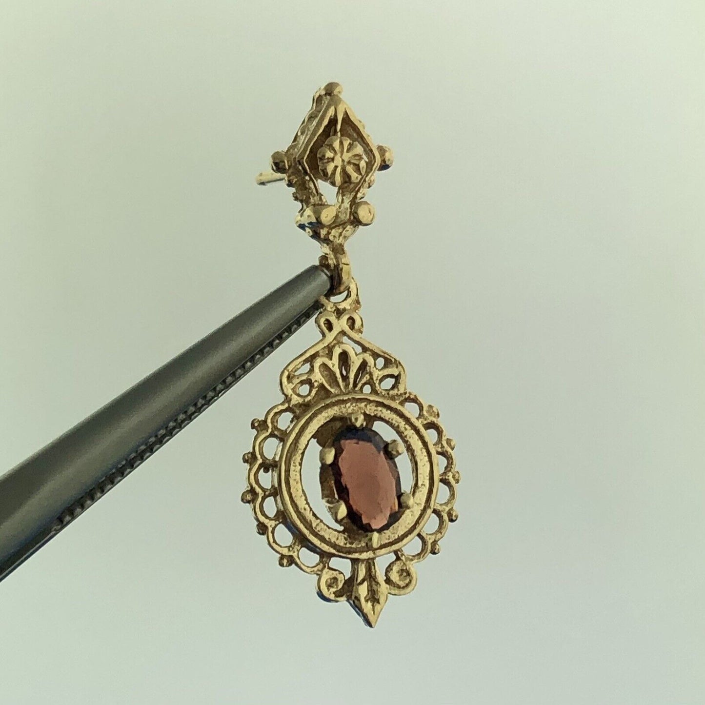 Gorgeous 14k Yellow Gold Oval Cut Red Garnet Openwork Filigree Dangle Earrings