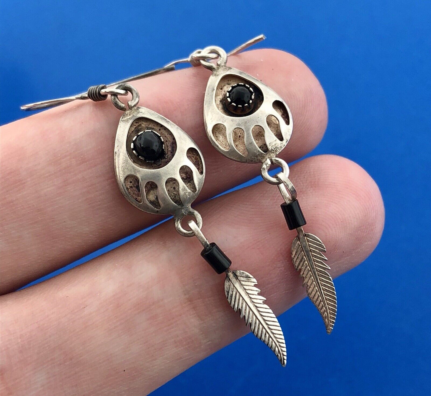 Estate Native American Sterling Silver Black Onyx Bear Paw Feather Drop Earrings