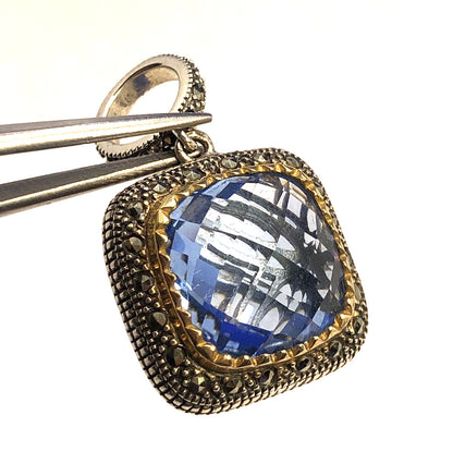 Designer 925 Sterling Silver Cushion Tanzanite Marcasite Two-Tone Square Pendant