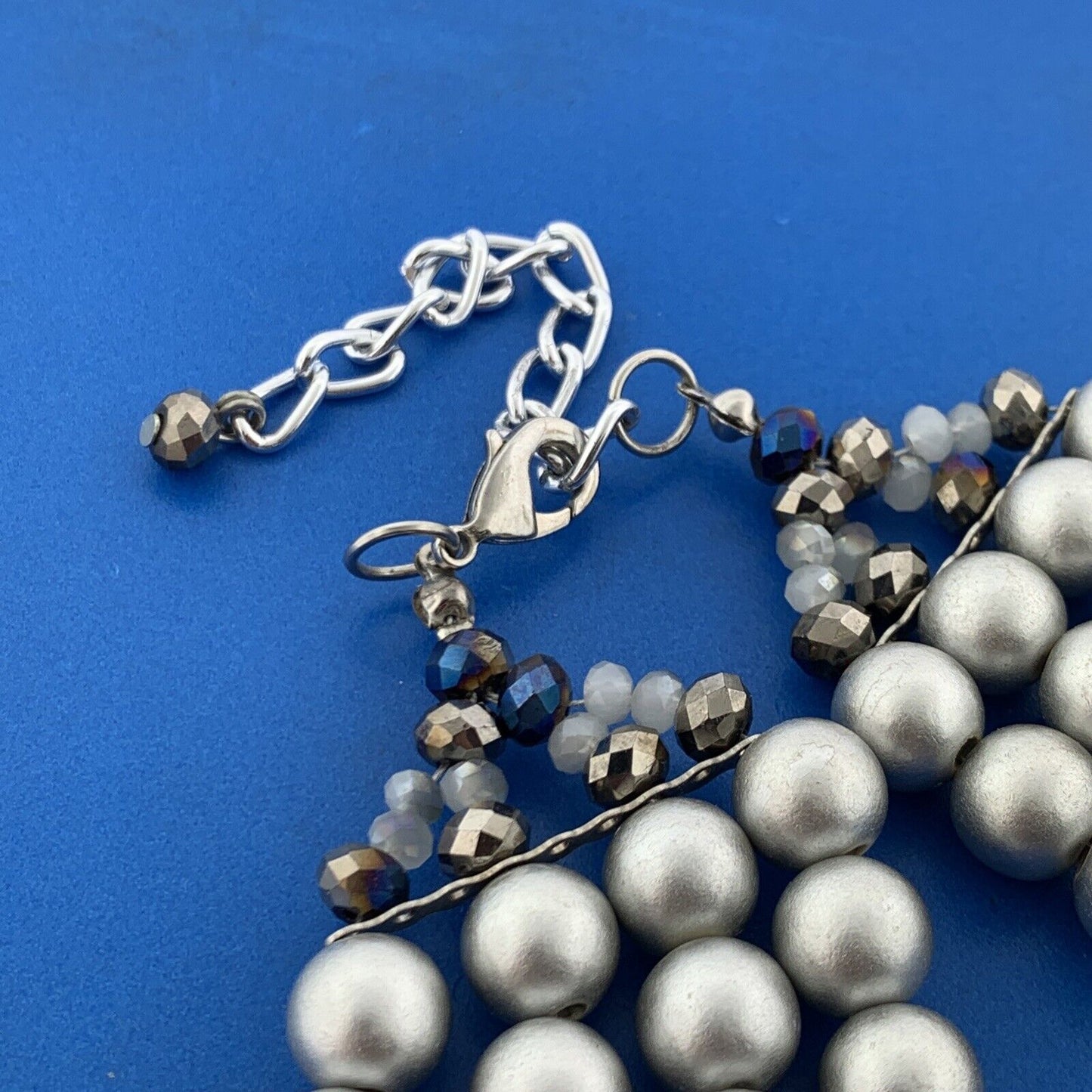 Fabulous Silver Tone Gray Faux Pearl Crystal Lucite 4 Strand Choker Necklace
