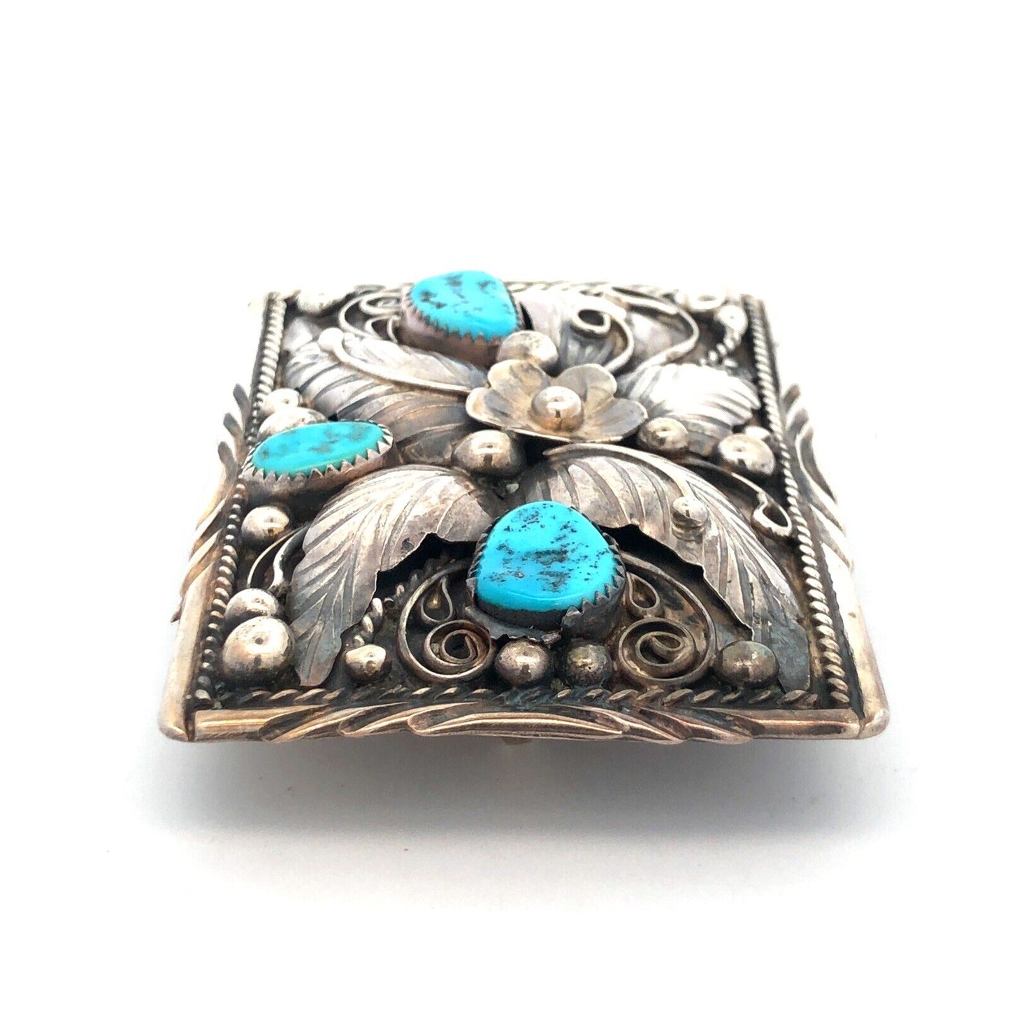 Native American Jameson Lee 925 Sterling Silver Turquoise Floral Belt Buckle