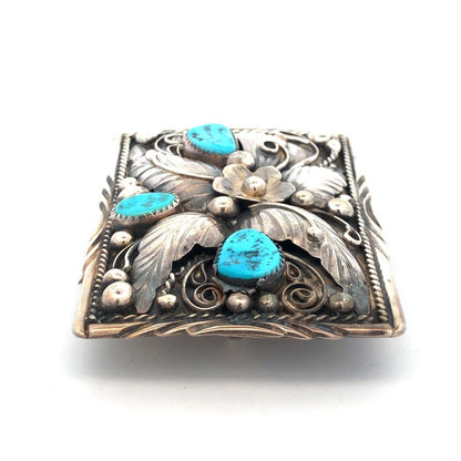 Native American Jameson Lee 925 Sterling Silver Turquoise Floral Belt Buckle