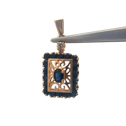 Designer 14K Yellow Gold Oval Blue Sapphire Diamond Accent Filigree Pendant