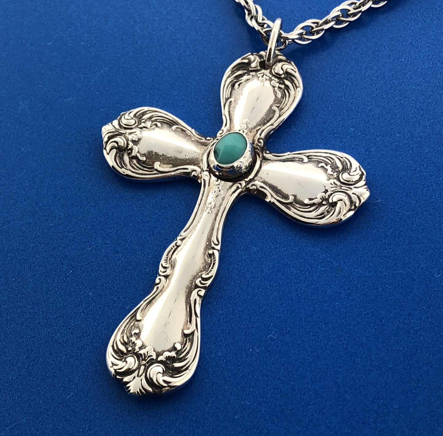 Vintage 925 Towle Old Master Turquoise Cross Religious Easter Statement Necklace