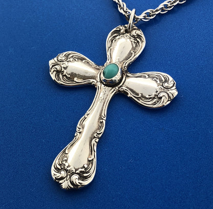 Vintage 925 Towle Old Master Turquoise Cross Religious Easter Statement Necklace