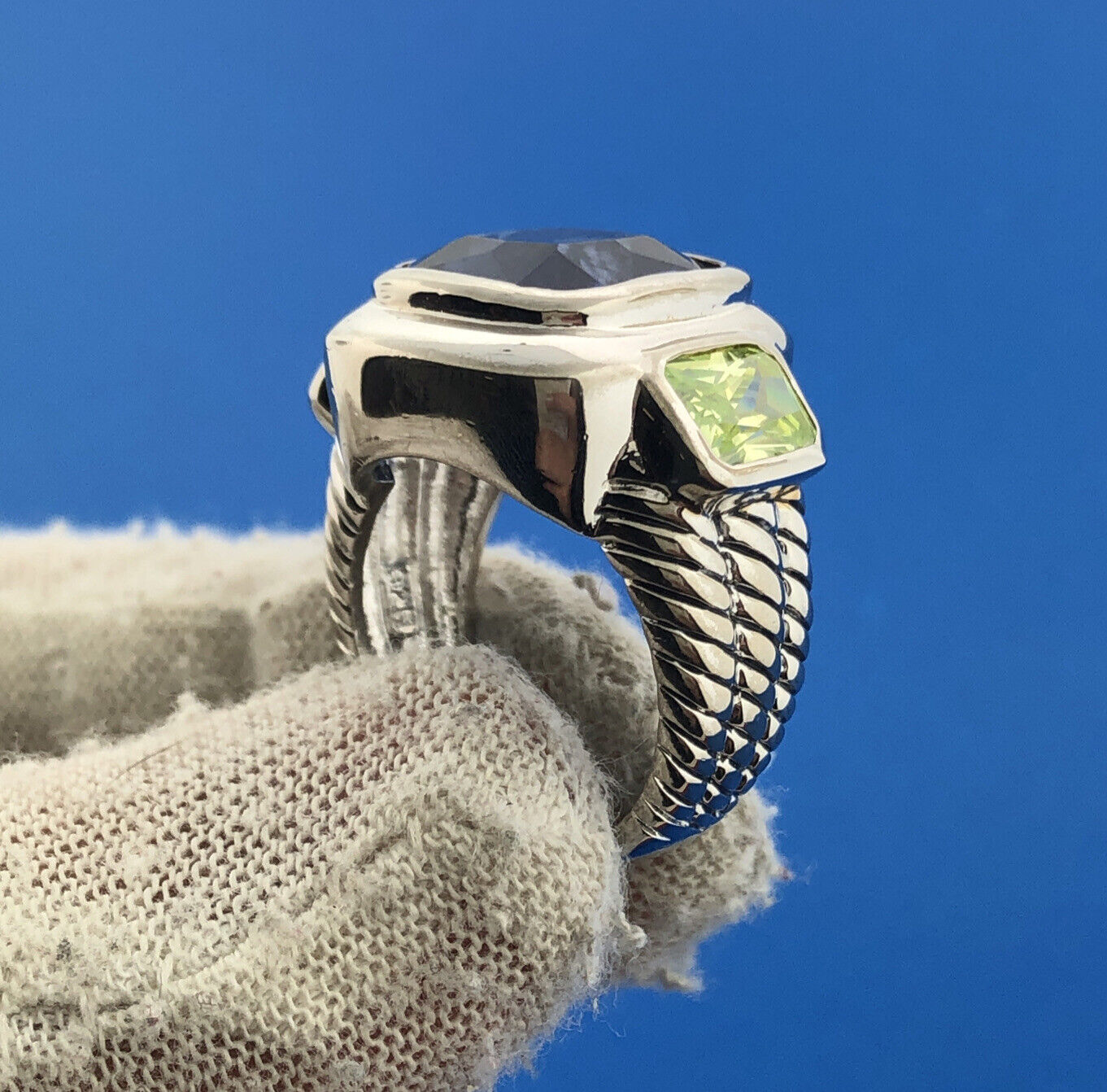 Stunning Sterling Silver 925 Indigo & Green Crystal Statement Ring Size 6.25