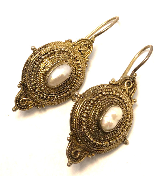 Designer 925 Sterling Silver Vermeil Braided & Beaded Oval Hook Earrings