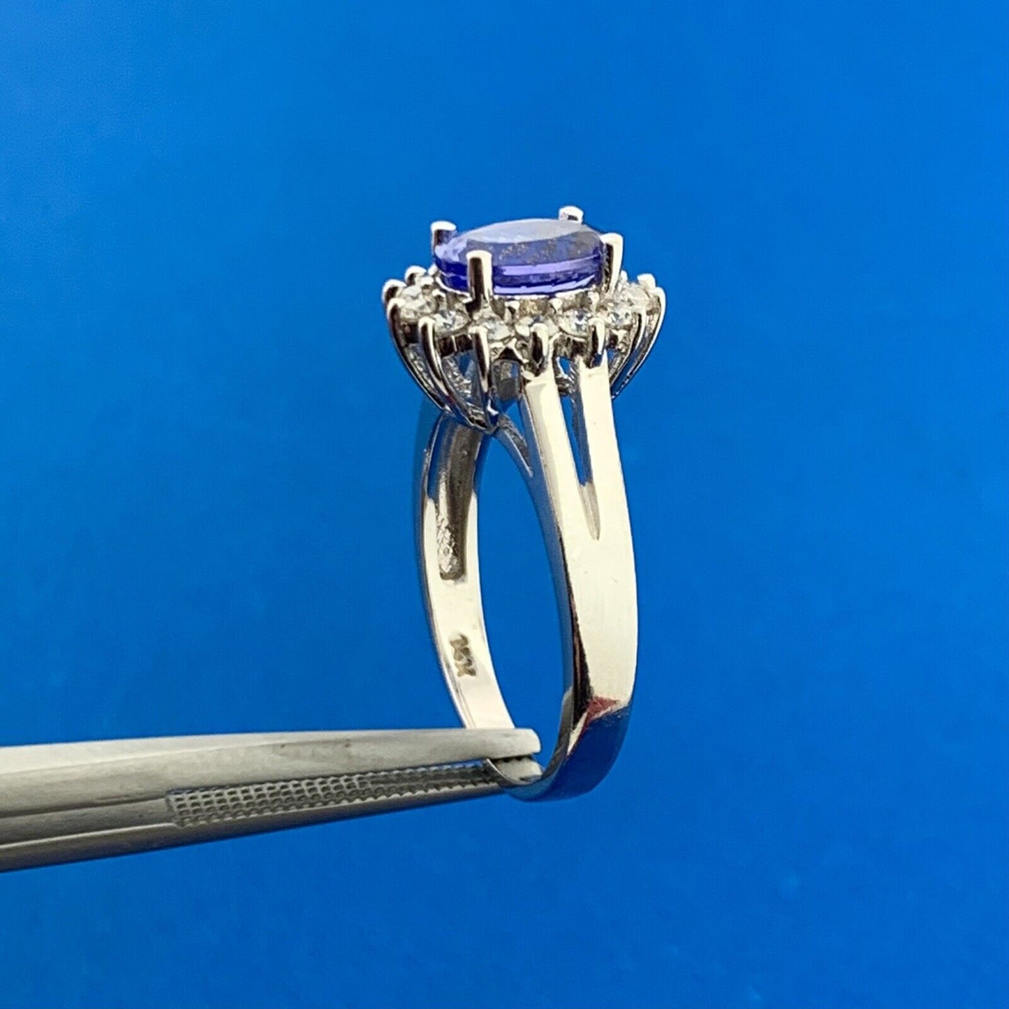 Designer 14K White Gold Oval Tanzanite White Topaz Halo Accent Anniversary Ring