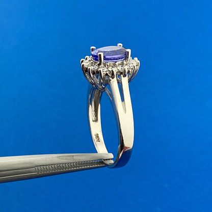 Designer 14K White Gold Oval Tanzanite White Topaz Halo Accent Anniversary Ring
