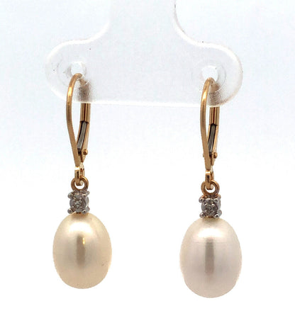 Designer 14K Yellow Gold Diamond Accent Pearl Dangle Lever Back Earrings
