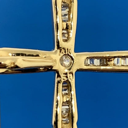 Designer 14K Yellow Gold Round And Baguette Diamond Cross Pendant
