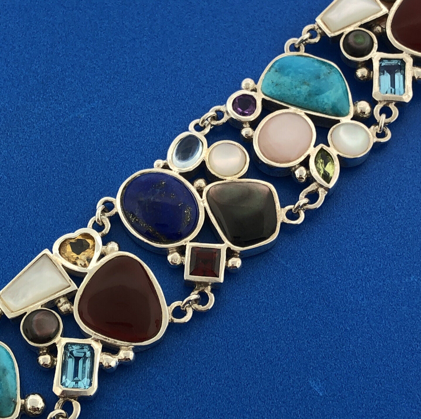 Designer 925 Sterling Silver Multi Gem Multi Shaped Glamorous Statement Bracelet