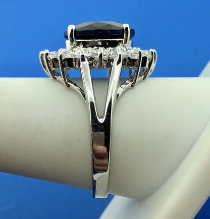 Sterling Silver 925 Blue White Cubic Zirconia CZ Statement Fashion Cocktail Ring