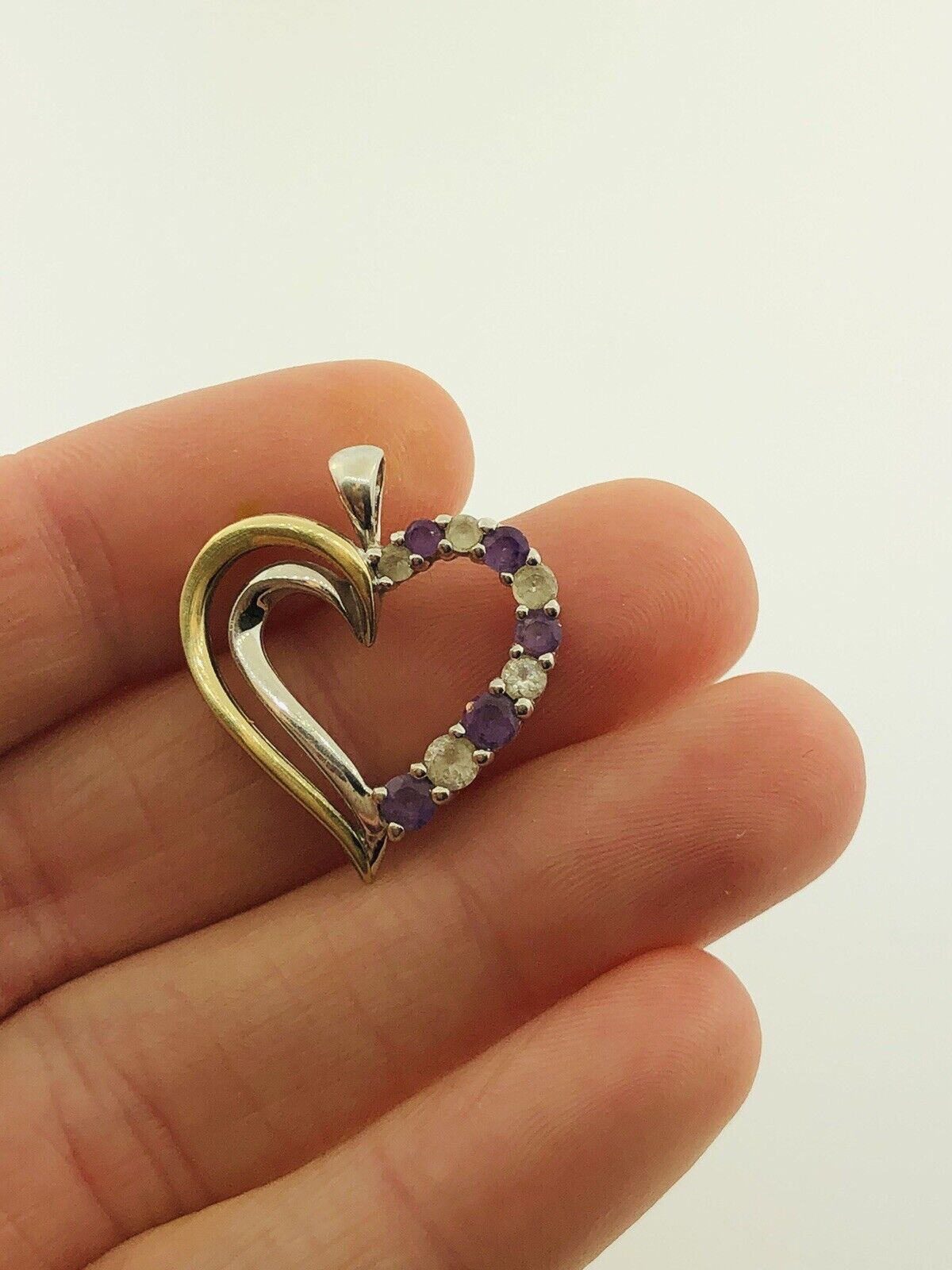 10K Yellow Gold Sterling Silver 925 Amethyst White Topaz Heart Pendant S174