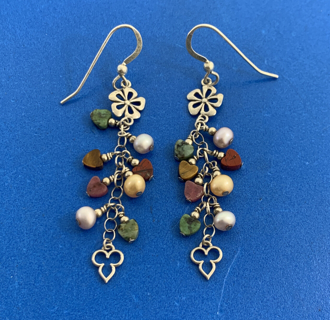 Multi-Stone Colorful Hearts 925 Sterling Silver Flower Dangle Hook Earrings