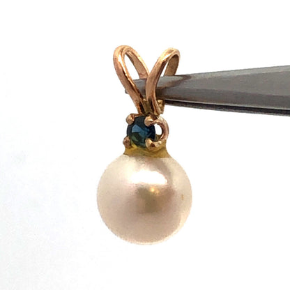 Designer 14K Yellow Gold Pearl Blue Sapphire Accent Drop Charm Pendant
