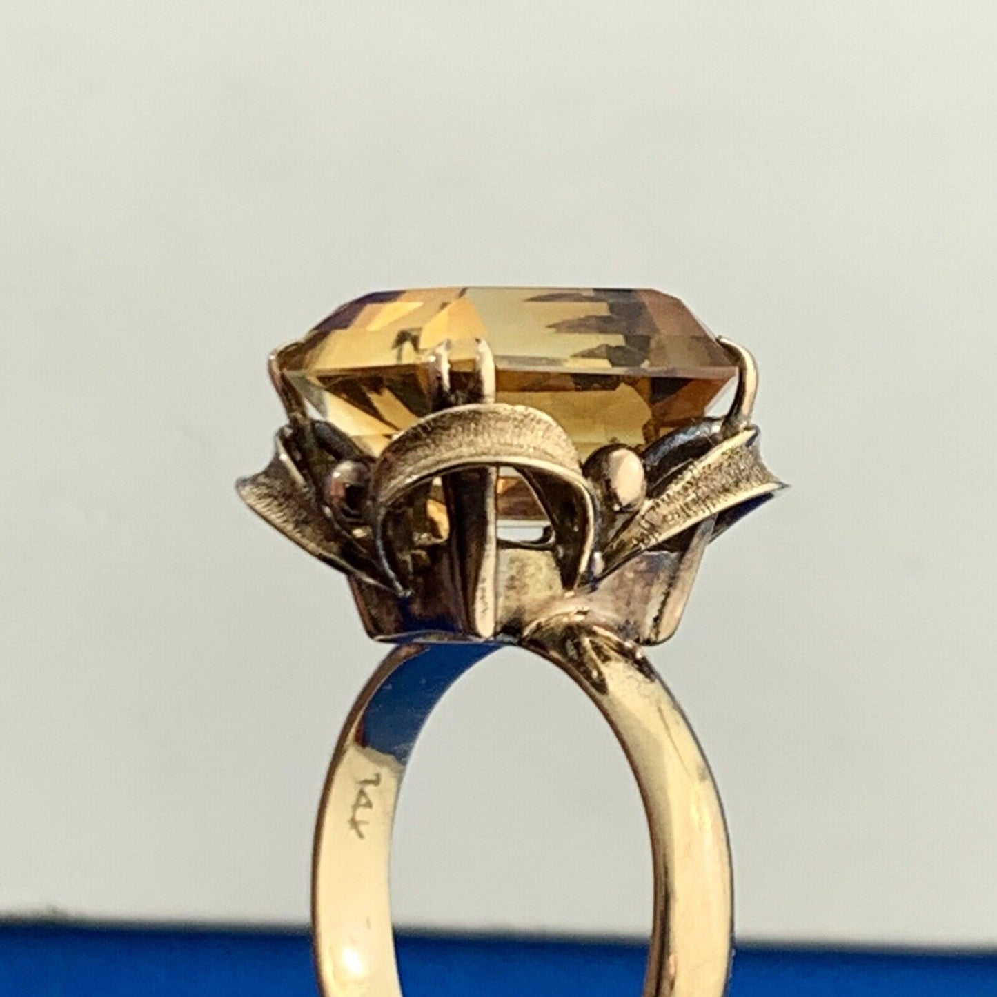 Vintage 14K Yellow Gold Emerald Cut Citrine Solitaire Cocktail Ring