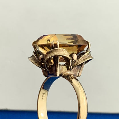 Vintage 14K Yellow Gold Emerald Cut Citrine Solitaire Cocktail Ring