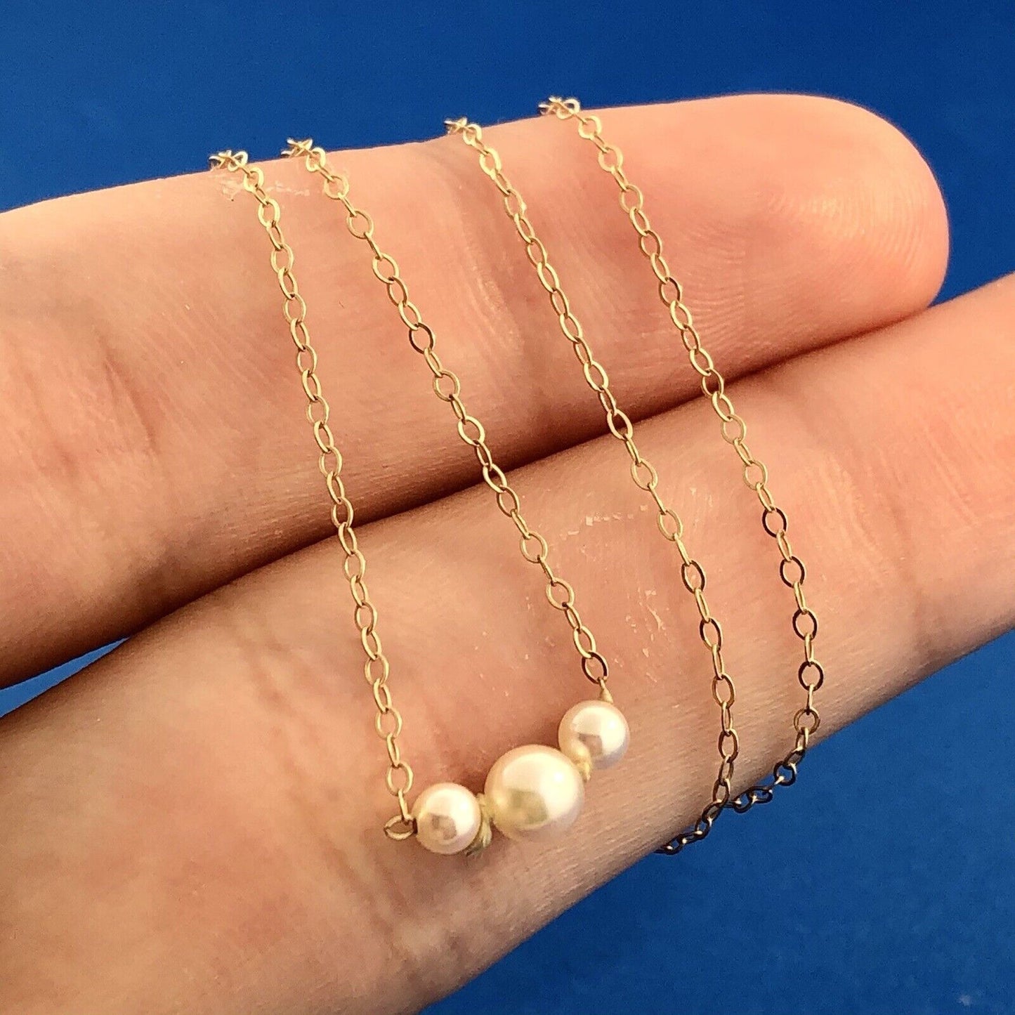 14K Yellow Gold Pearl Trio Wedding Anniversary June Bridal Petite Link Necklace