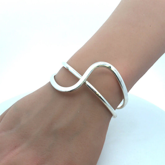 925 Sterling Silver Modernist Abstract Double Wave Open Cuff Bracelet