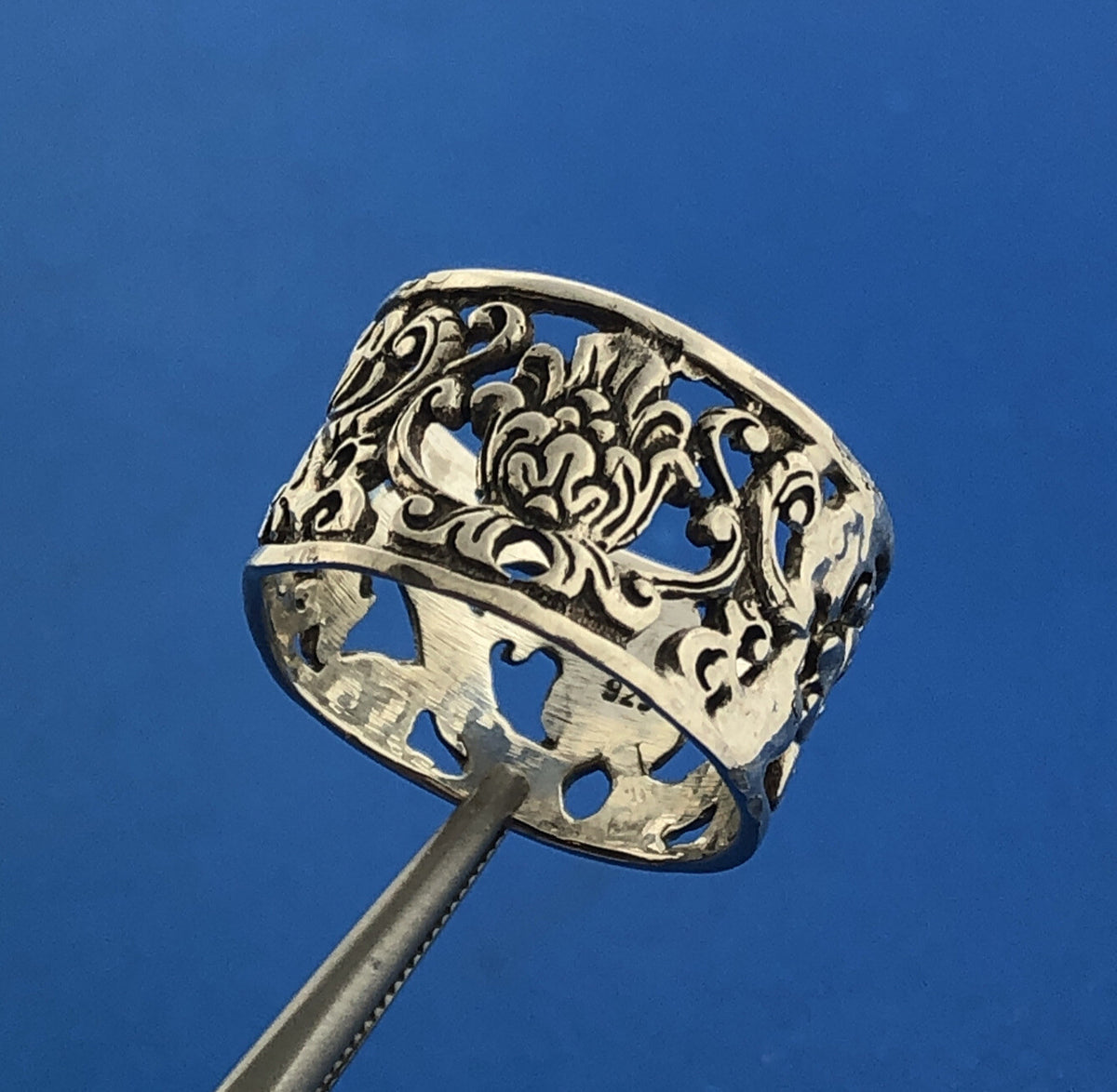 Sterling Silver 925 Abstract Floral Filigree Openwork Cigar Band Ring Size 8.25