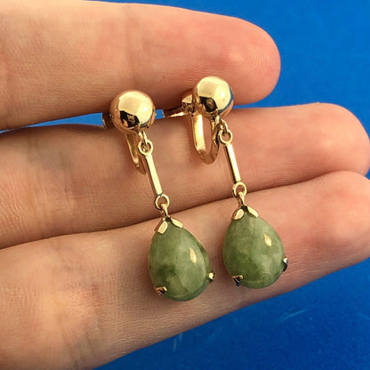Estate Designer 14K Yellow Gold Apple Jadeite Jade Pear Drop Screw Back Earrings