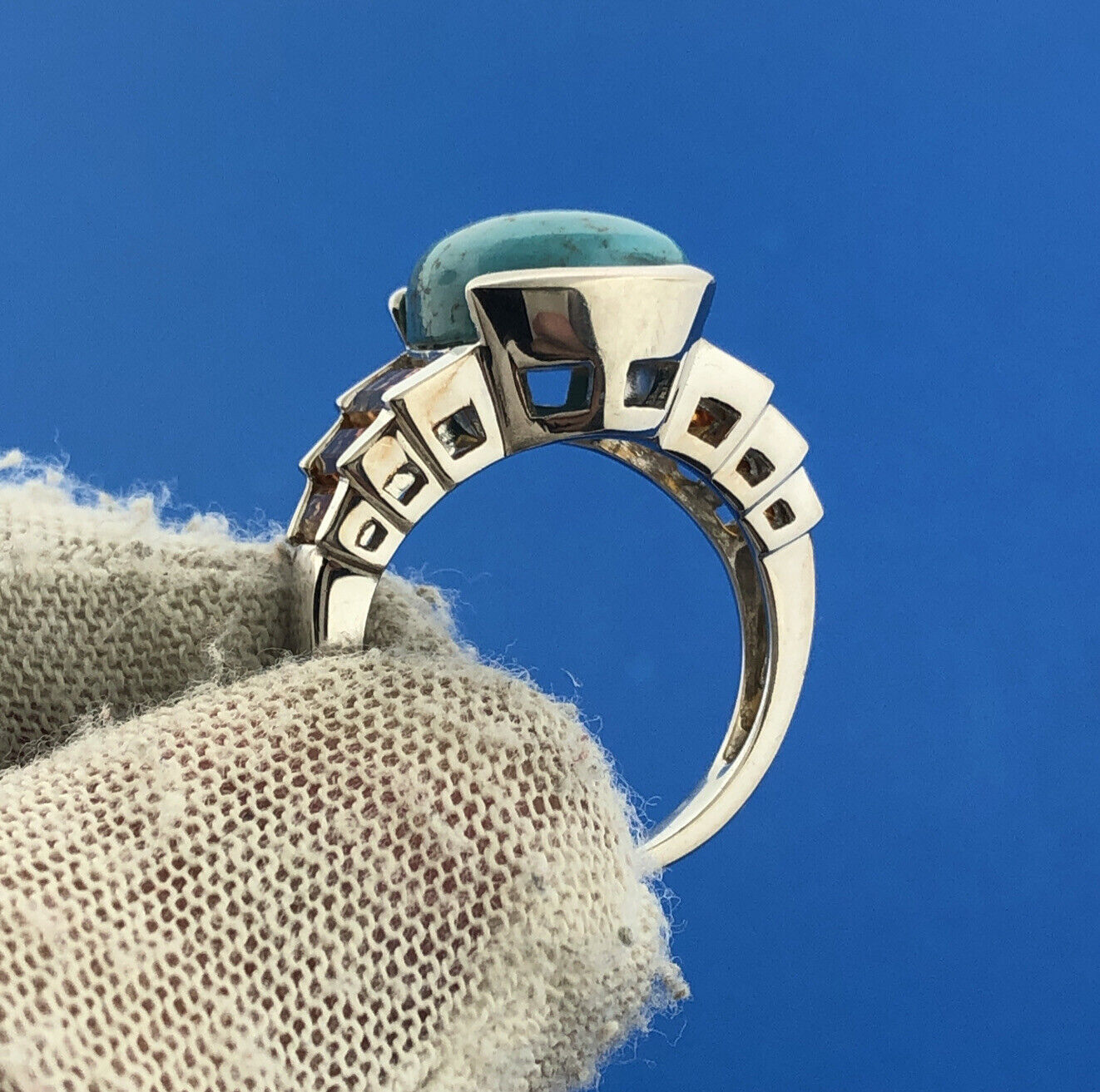 Stunning Sterling Silver 925 Oval Turquoise Cut Baguette Citrine Ring Size 6