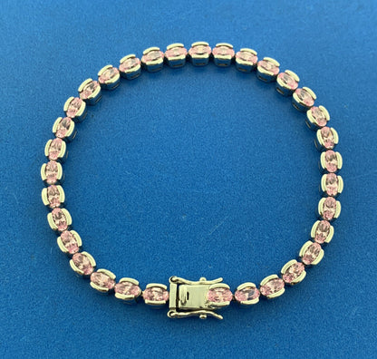 Stunning Designer Sterling Silver Oval Pink Ice Cubic Zirconia Tennis Bracelet