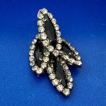 Art Deco Silver Tone Black Jet White Rhinestone Feather Leaf Dangle Earrings