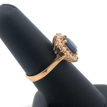 Designer 14K Yellow Gold Oval Blue Sapphire Diamond Halo Statement Cocktail Ring